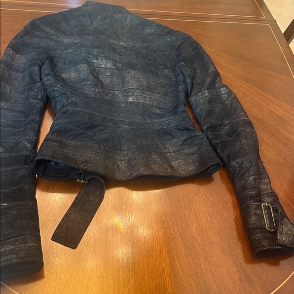 Luxury Distressed Leather Jacket Asymmetrical Buckle Buttons Designer Style - Picture 13 of 14